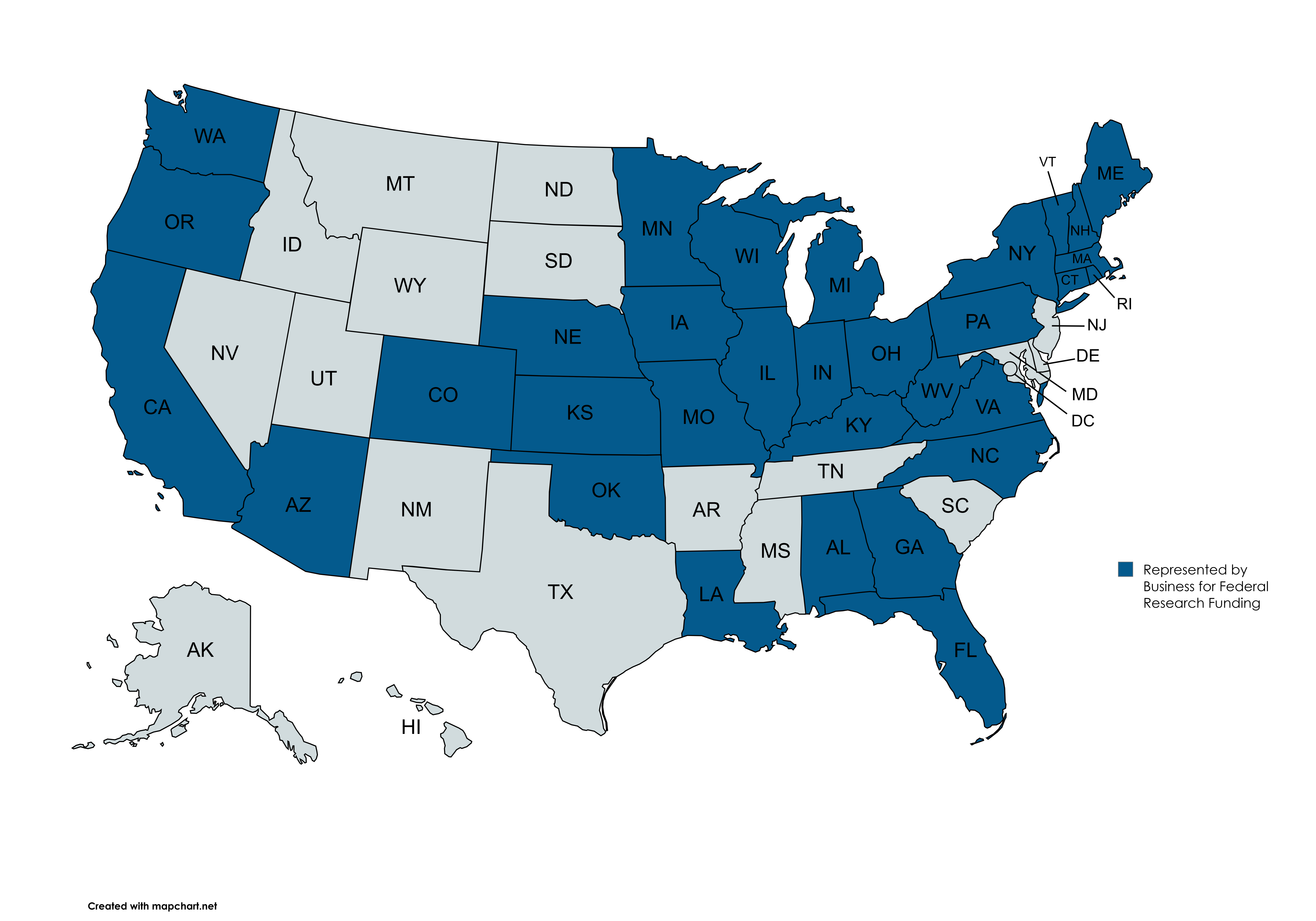 Map of the States involved in the Business for Federal Research Funding Coalition